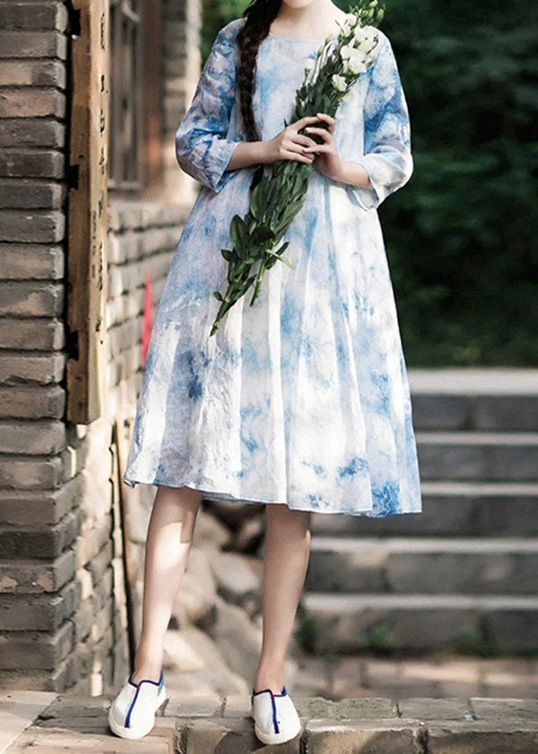 100% O-Neck Half Sleeve Summer Blue Print Dress