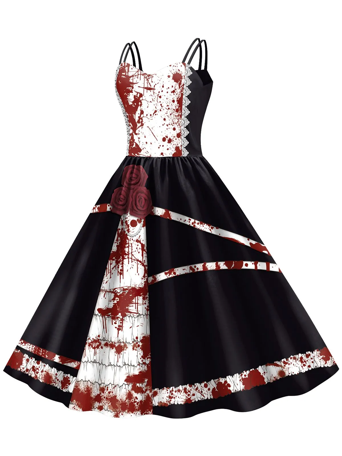 1950s Halloween Roses Blood Double Straps Dress