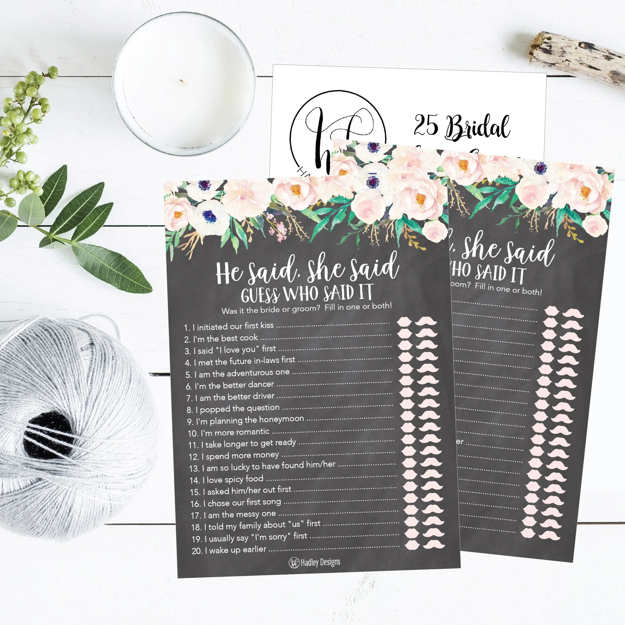 25 Rustic Wedding Bridal Shower Engagement Bachelorette Anniversary Party Game Ideas, Chalk Floral He Said She Said Cards For Couples Funny Co Ed Trivia Rehearsal Dinner Guessing Question Fun Supplies