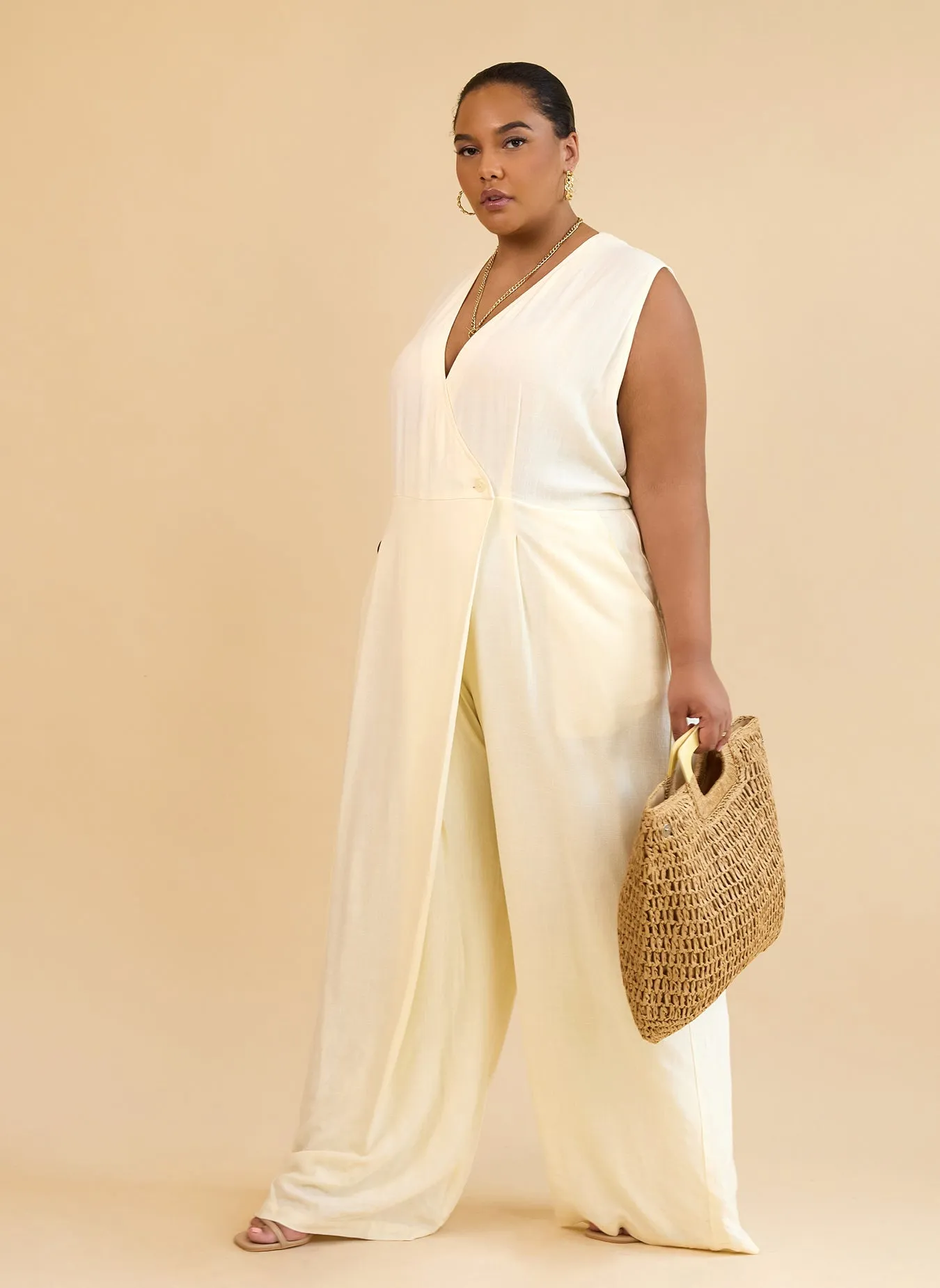 Alia Linen Wrap Overlay Wide Leg Jumpsuit - Ivory