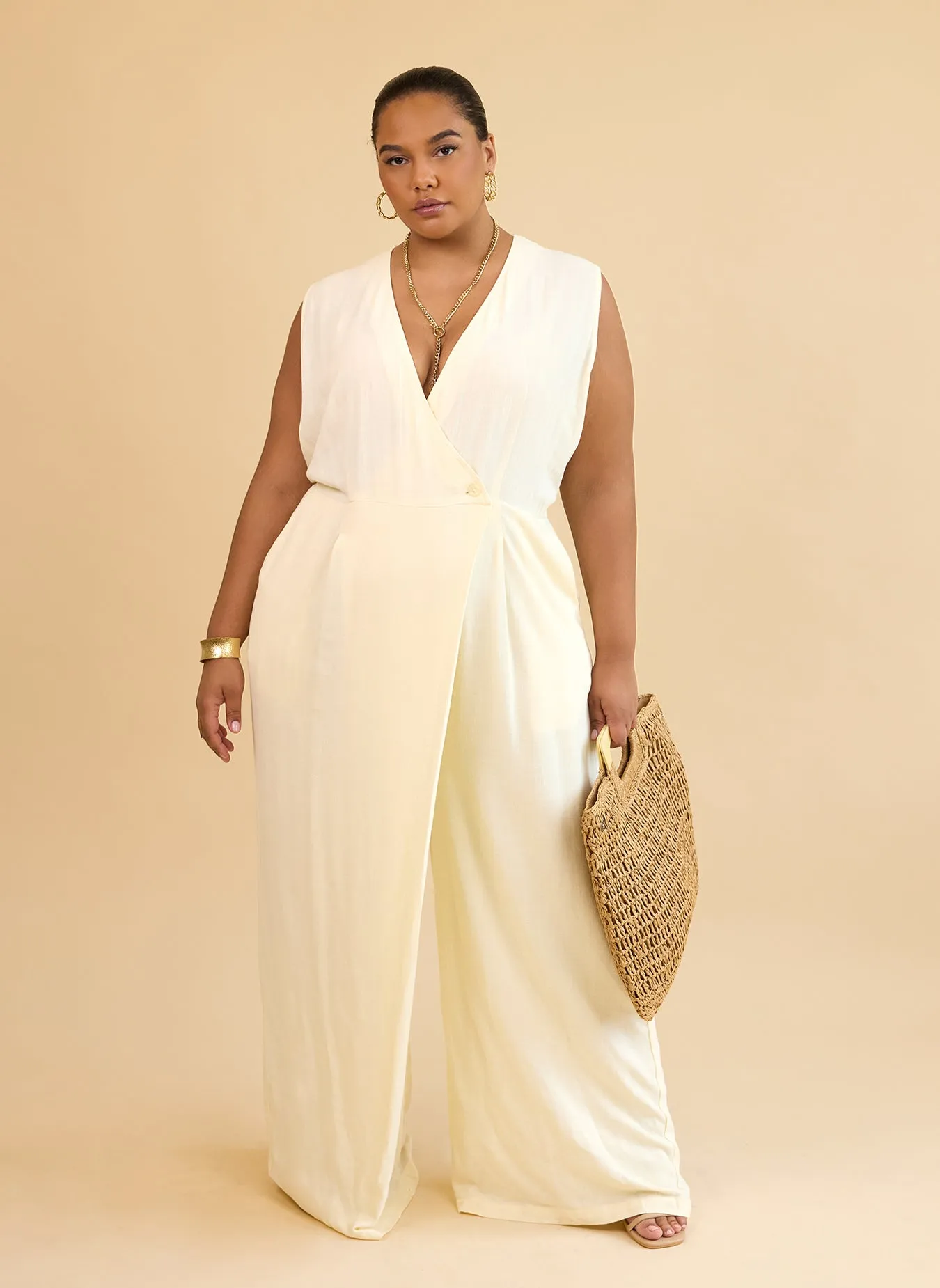 Alia Linen Wrap Overlay Wide Leg Jumpsuit - Ivory