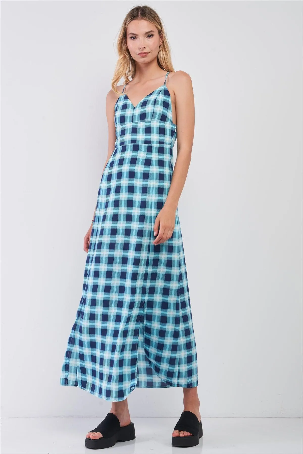 Aqua Glen Check Print Sleeveless V-Neck Criss-Cross Back Detail Slit Sides Maxi Dress /1-2-2-1