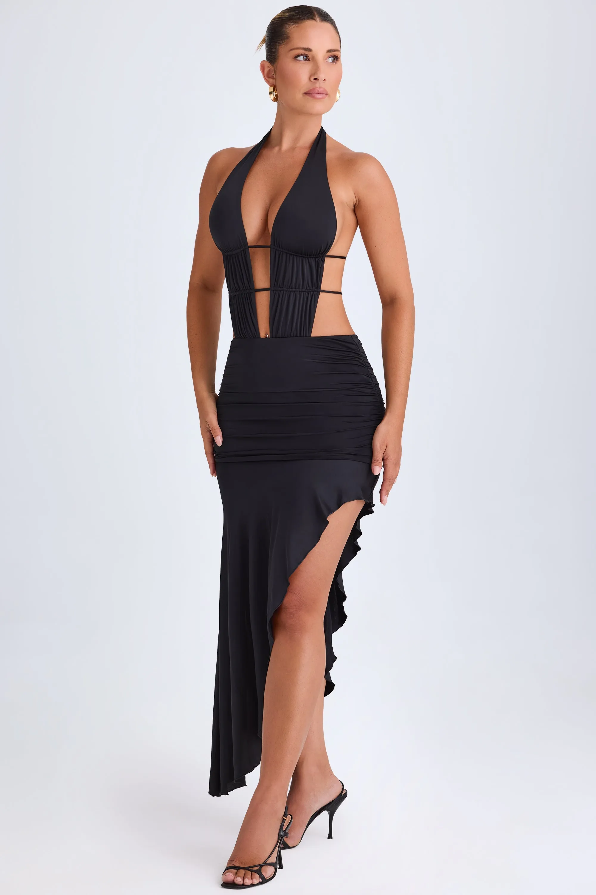 Asymmetric Cut-Out Halterneck Midaxi Dress in Black