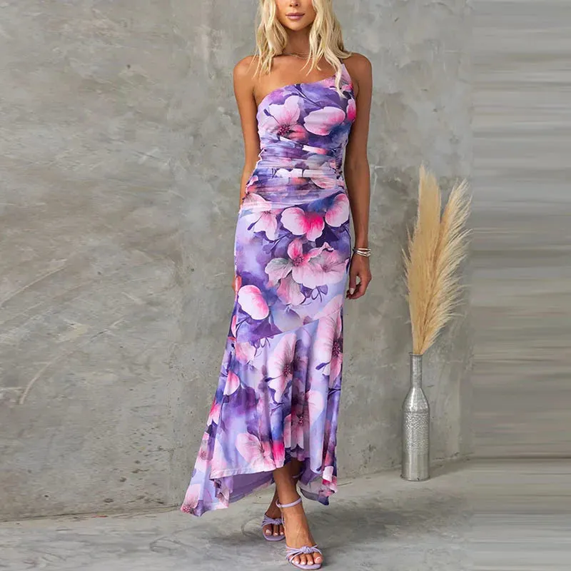 Asymmetric High Waist Slim Party Summer Floral Print Women's Long Elegant Off Shoulder Draped A-line Floral Fashion Dress