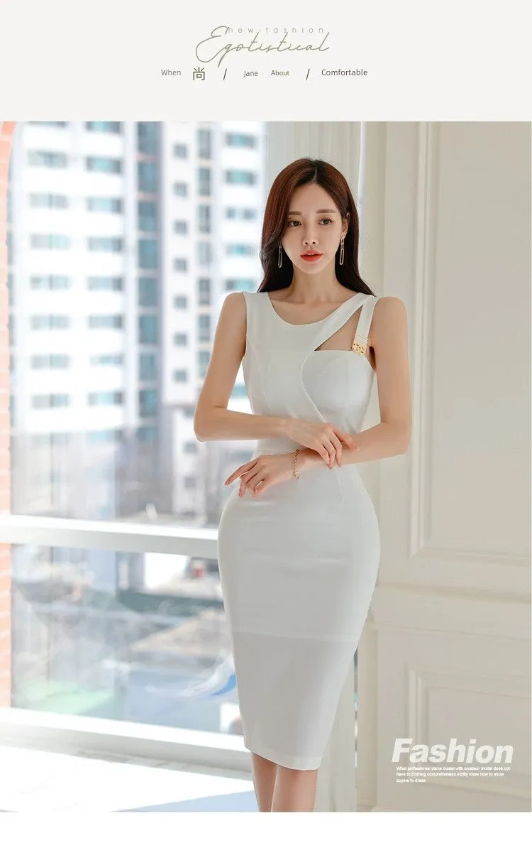 Asymmetric Sleeveless Backless Waist Trimming Slim Fit Dress