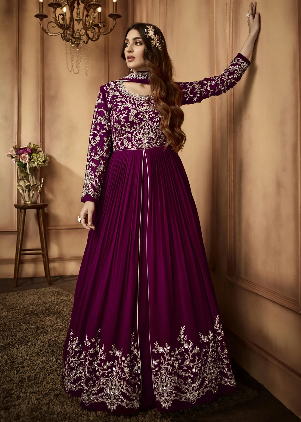 Attractive Magenta Wine Sequins Wedding Festive Anarkali Suit