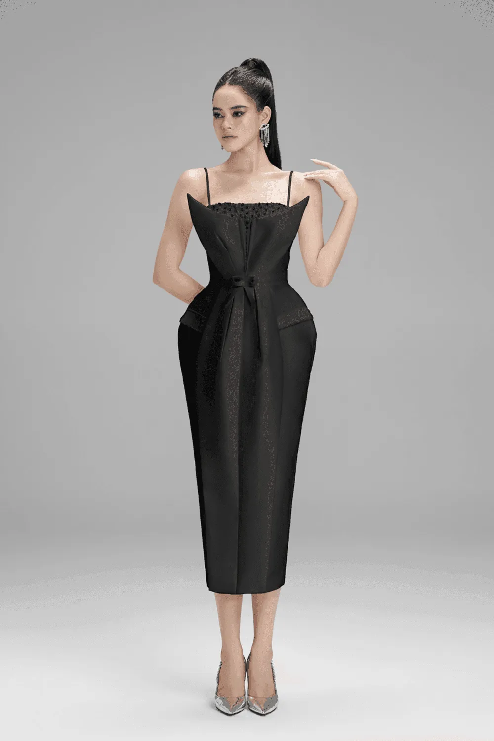 Aurora Pegged Spaghetti Strap Taffeta Midi Dress