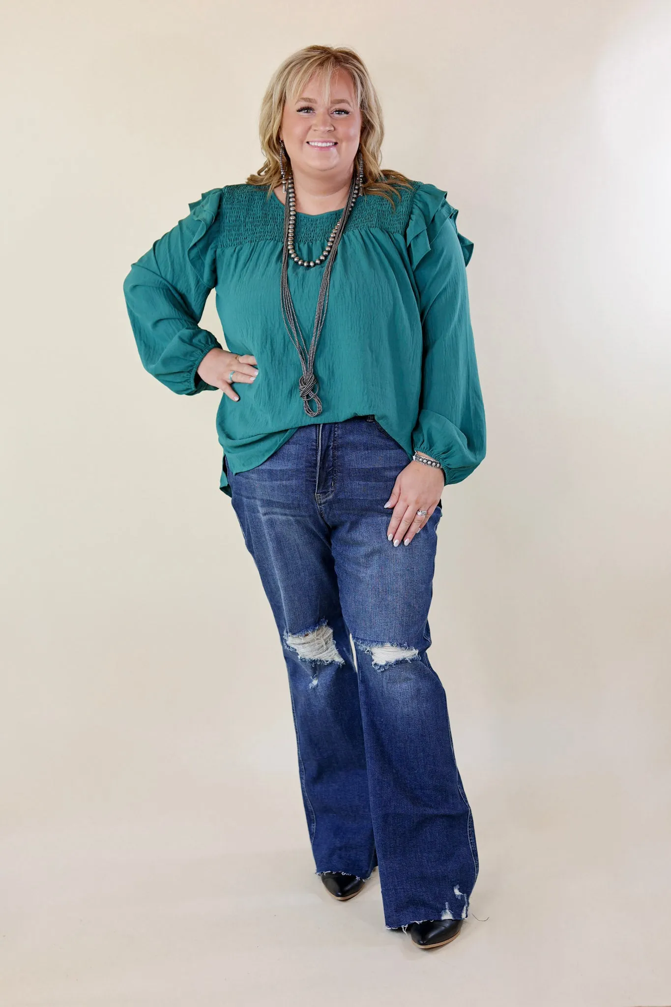 Balcony Nights Ruffle Shoulder Long Sleeve Blouse in Teal