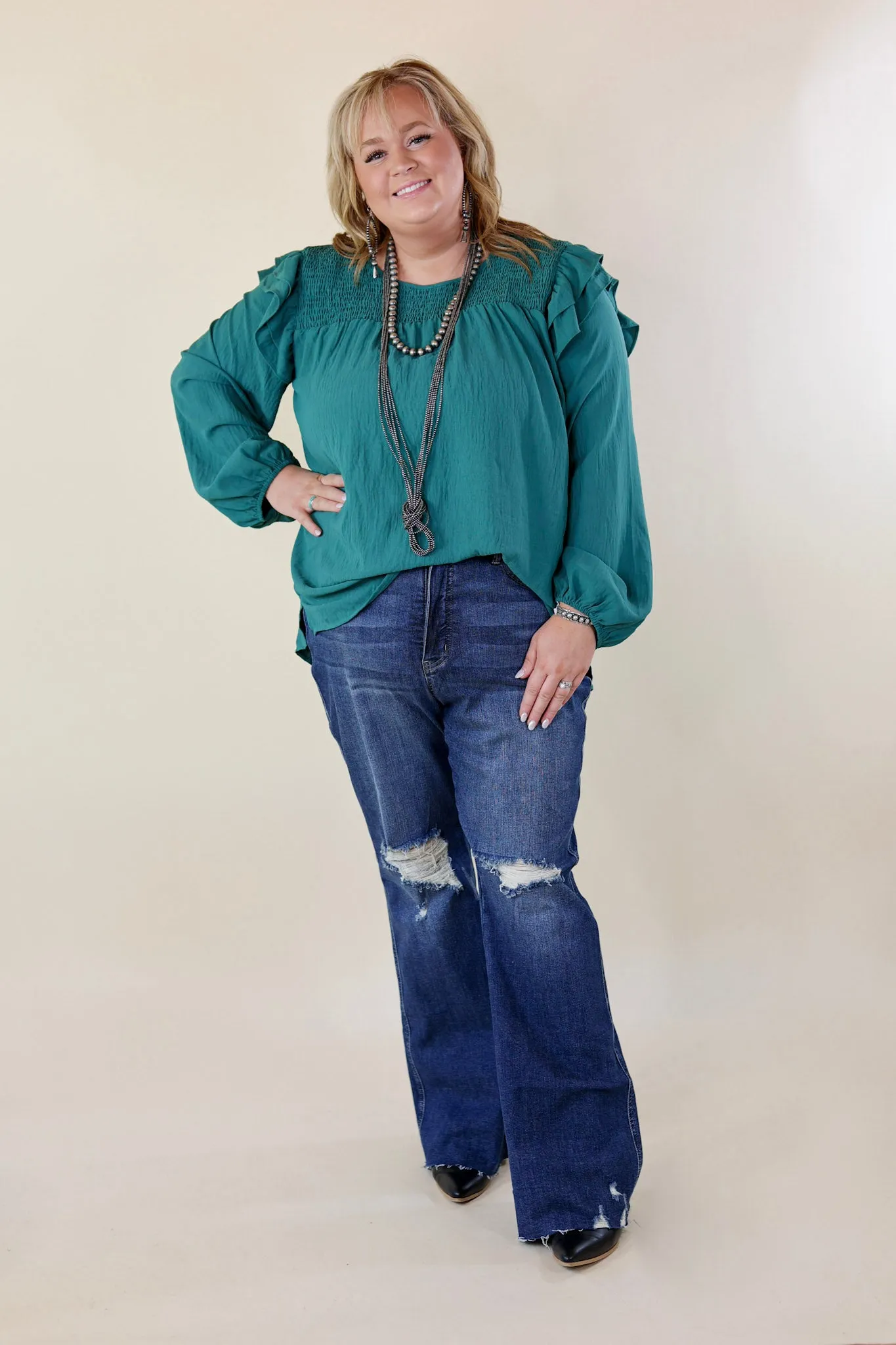 Balcony Nights Ruffle Shoulder Long Sleeve Blouse in Teal