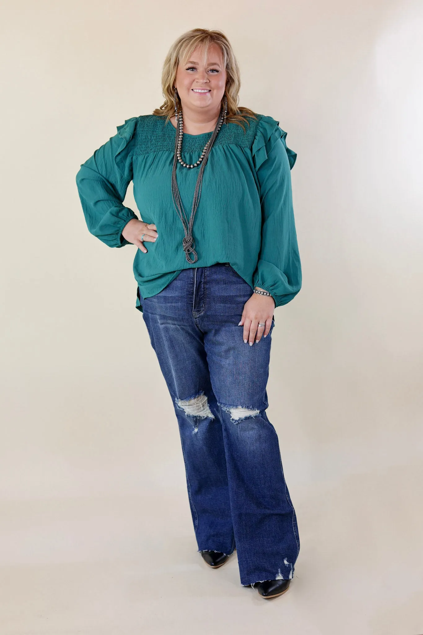 Balcony Nights Ruffle Shoulder Long Sleeve Blouse in Teal