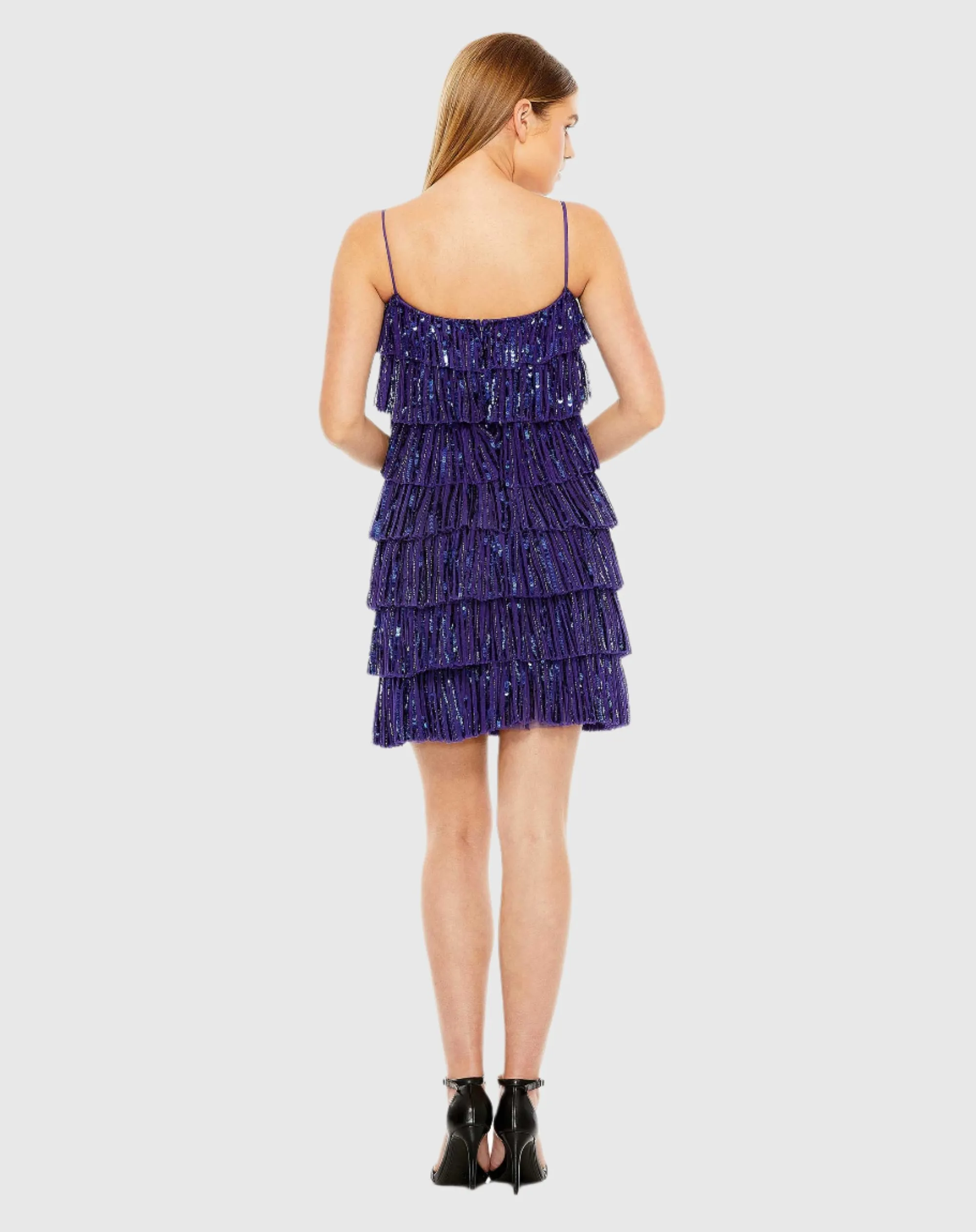 Beaded Strap Sequin Ruffle Mini Dress