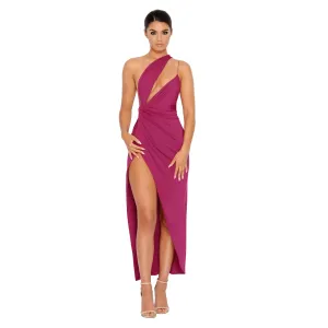 Beat The Ruche Thigh Split Maxi Dress in Magenta