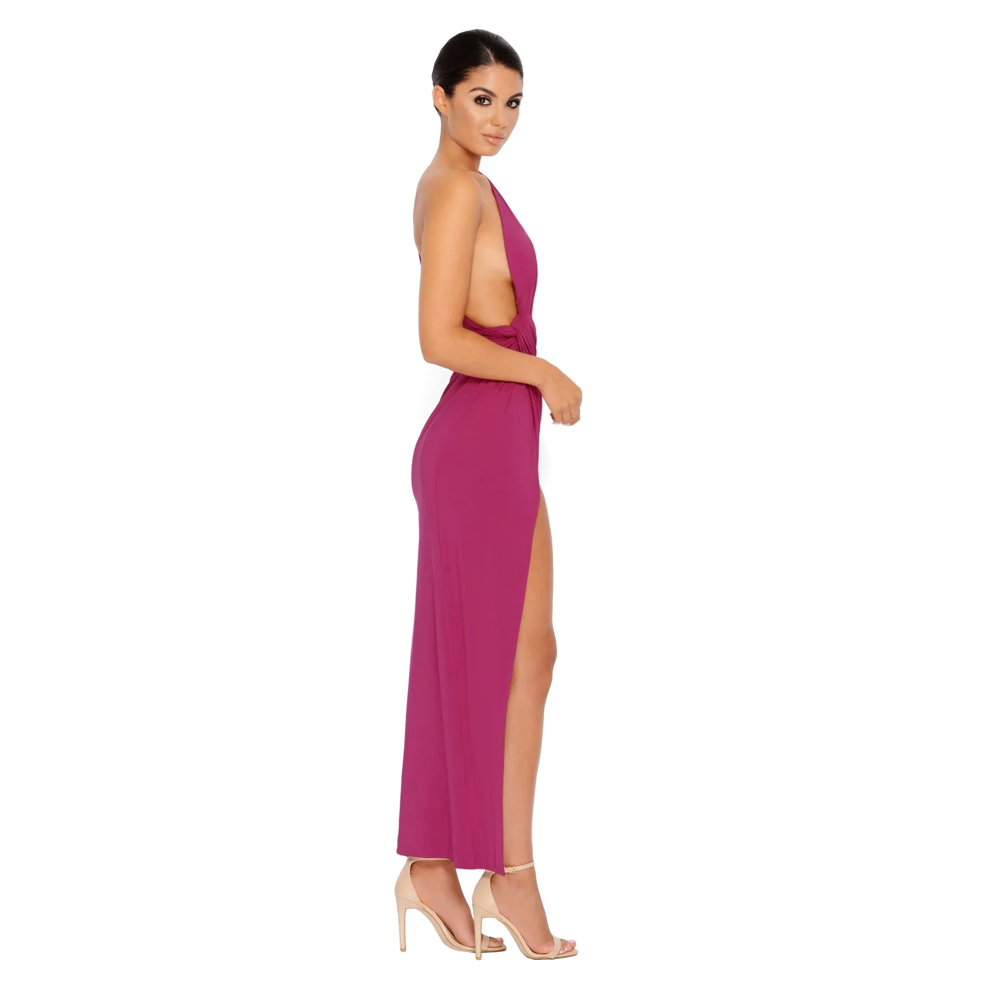 Beat The Ruche Thigh Split Maxi Dress in Magenta