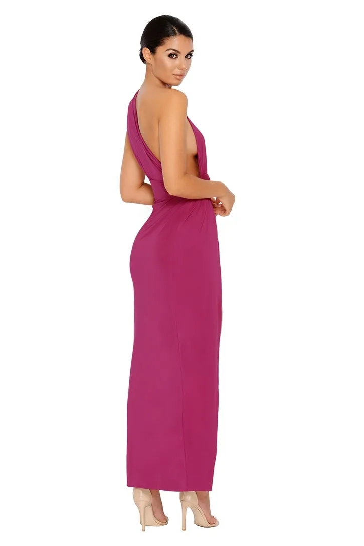 Beat The Ruche Thigh Split Maxi Dress in Magenta