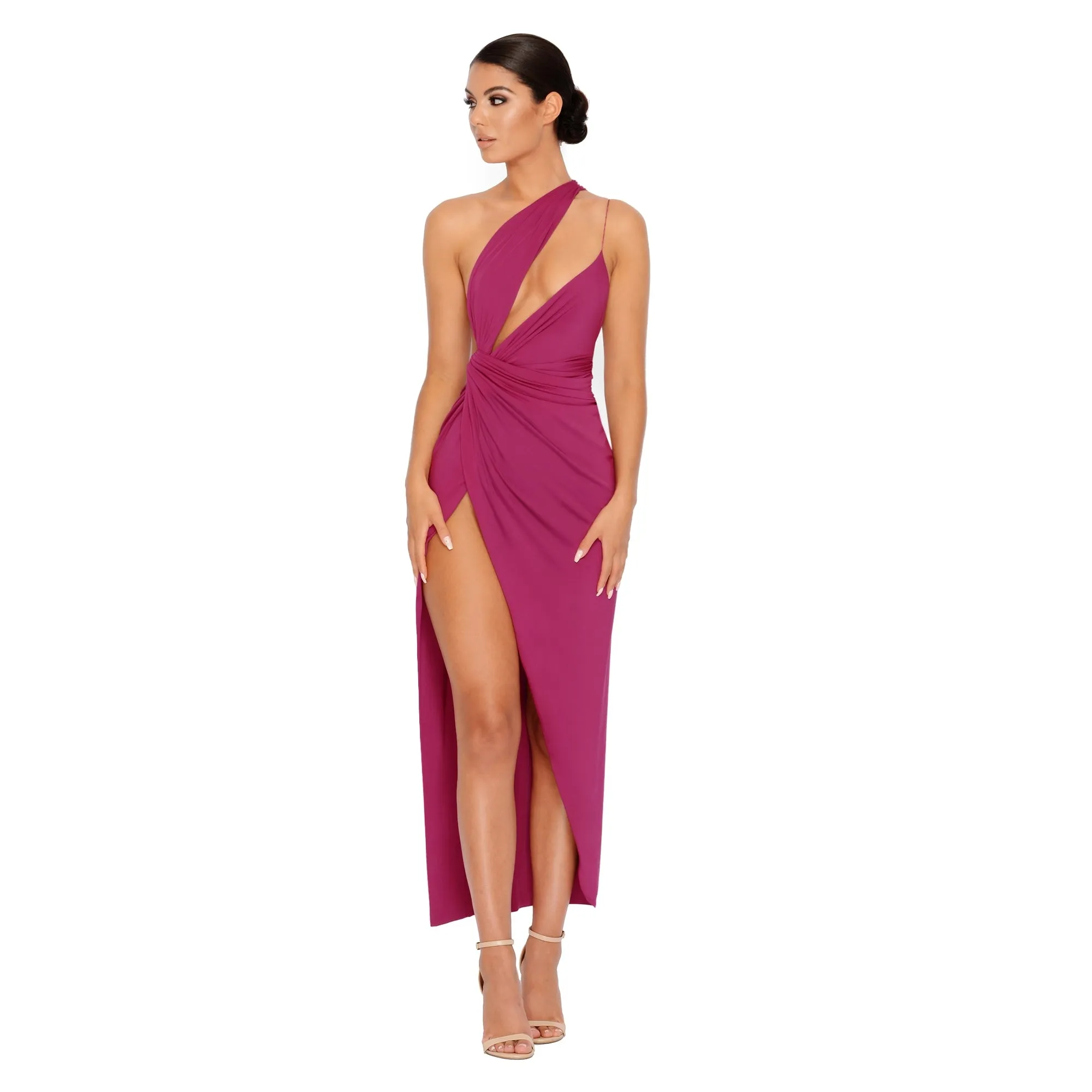 Beat The Ruche Thigh Split Maxi Dress in Magenta