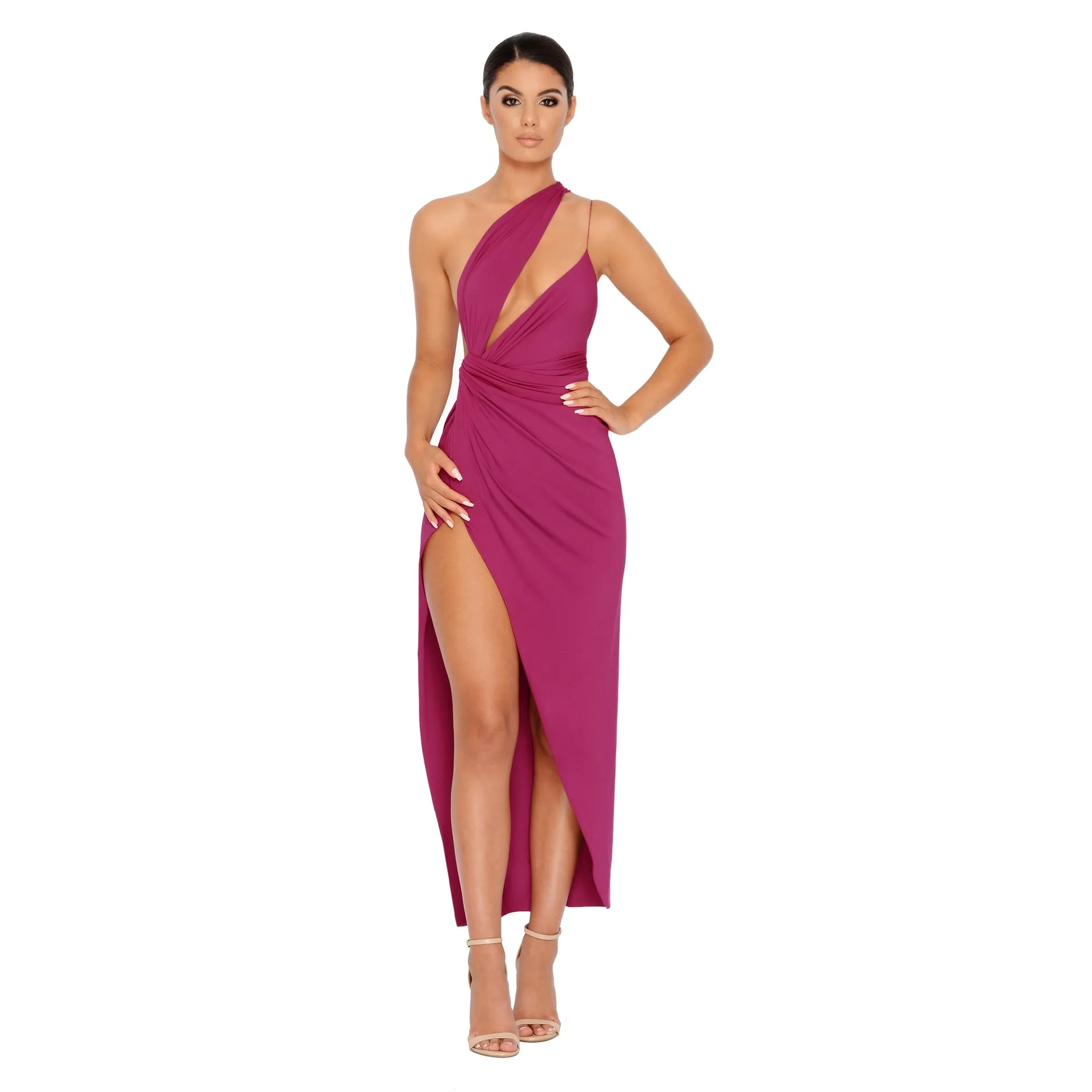 Beat The Ruche Thigh Split Maxi Dress in Magenta