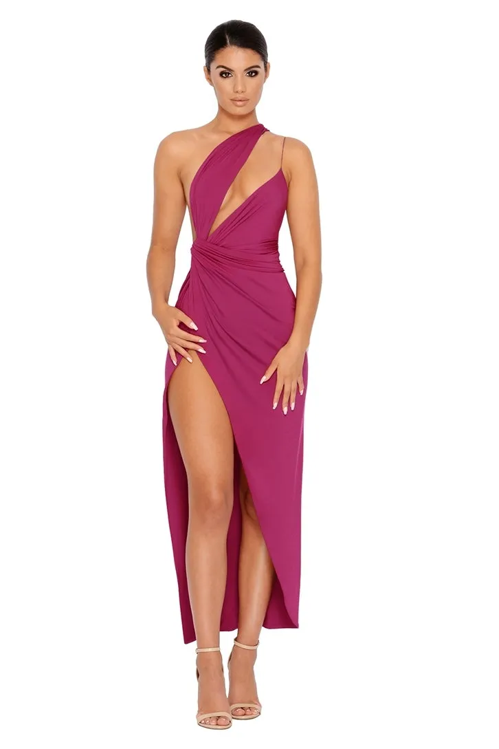 Beat The Ruche Thigh Split Maxi Dress in Magenta