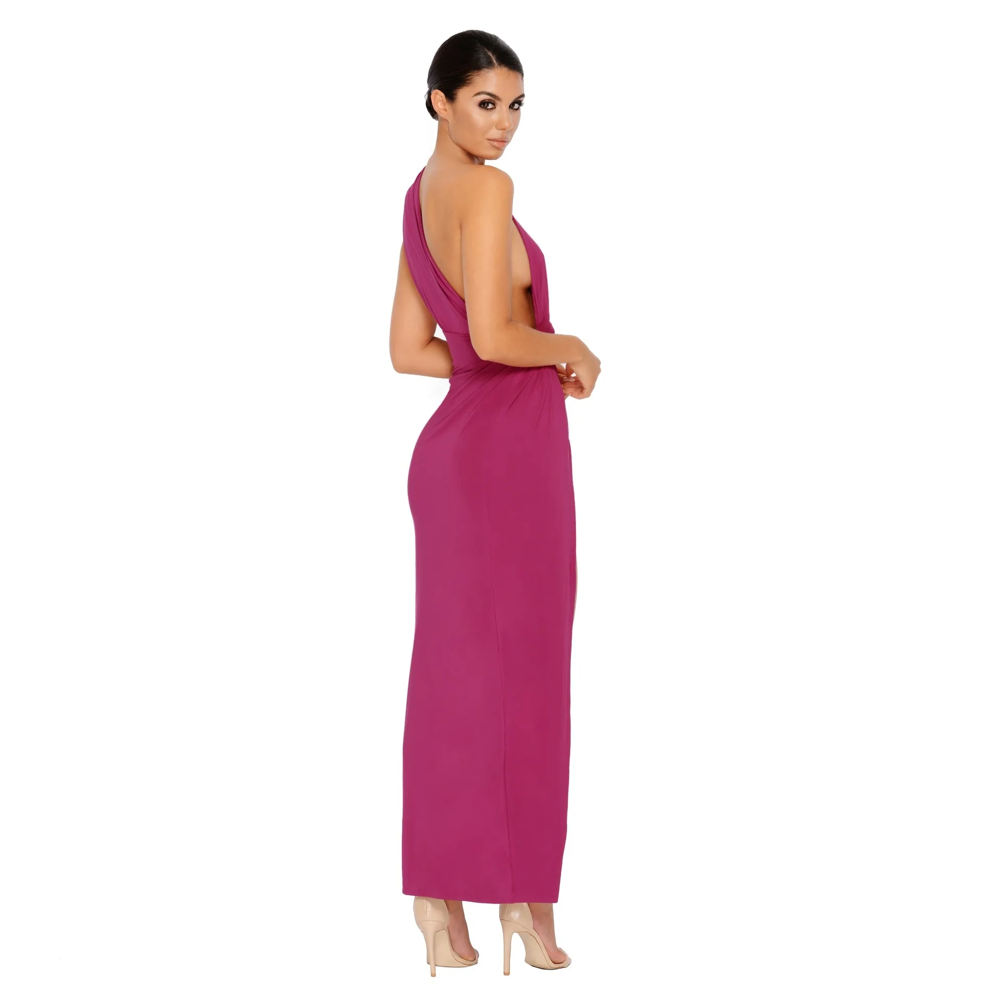 Beat The Ruche Thigh Split Maxi Dress in Magenta