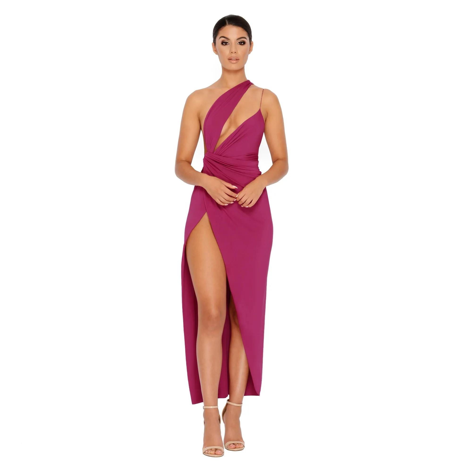 Beat The Ruche Thigh Split Maxi Dress in Magenta