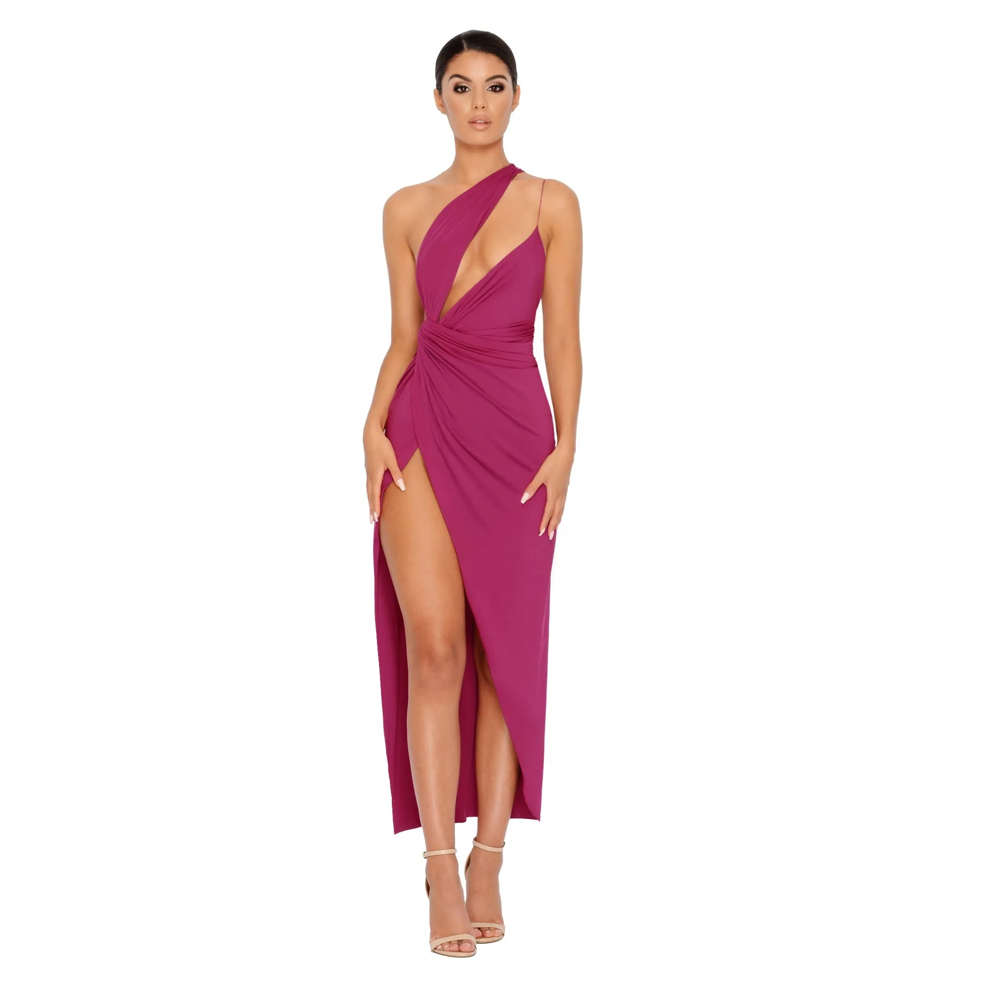 Beat The Ruche Thigh Split Maxi Dress in Magenta