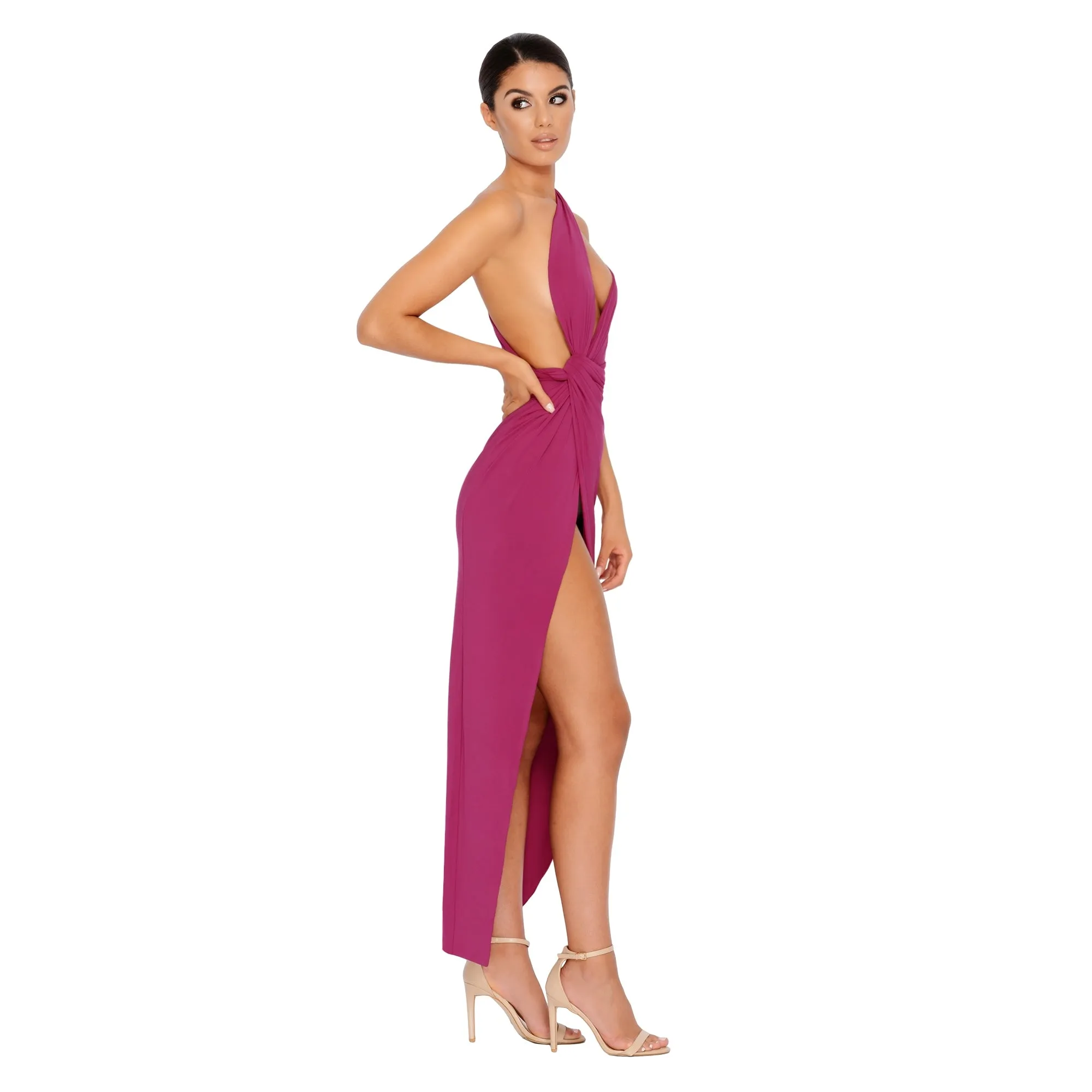 Beat The Ruche Thigh Split Maxi Dress in Magenta