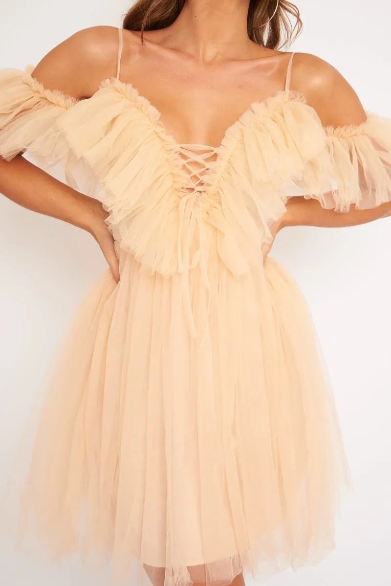 Beige Bardot Off Shoulder Tulle Ruffle Dress - Aarilyn