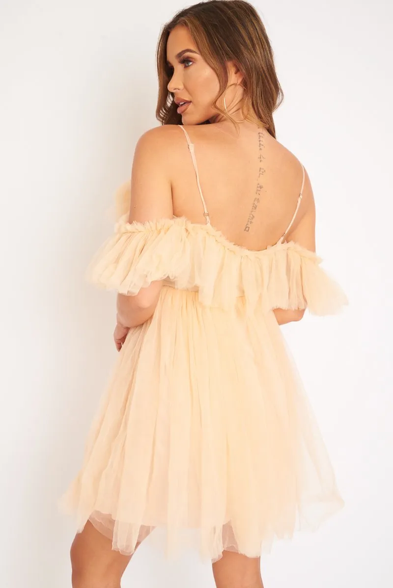 Beige Bardot Off Shoulder Tulle Ruffle Dress - Aarilyn