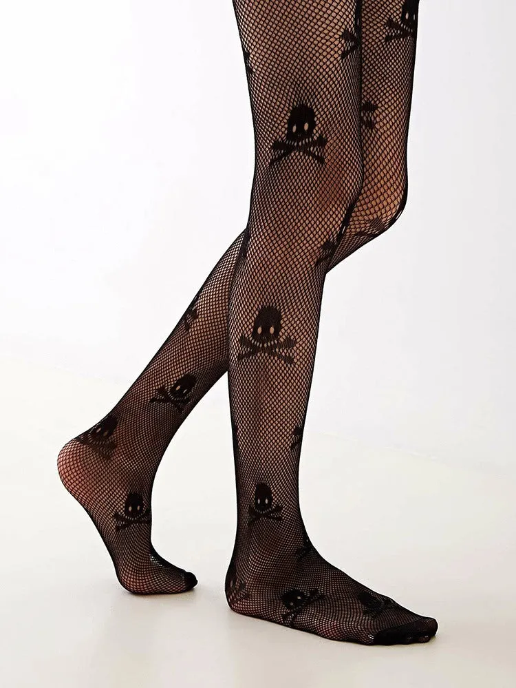 BerriesJam - 2024 Spider Big Skull Pattern Fishnet Tights