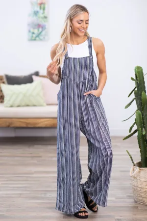 Black and Slate Blue Stripe Wide Leg Overalls