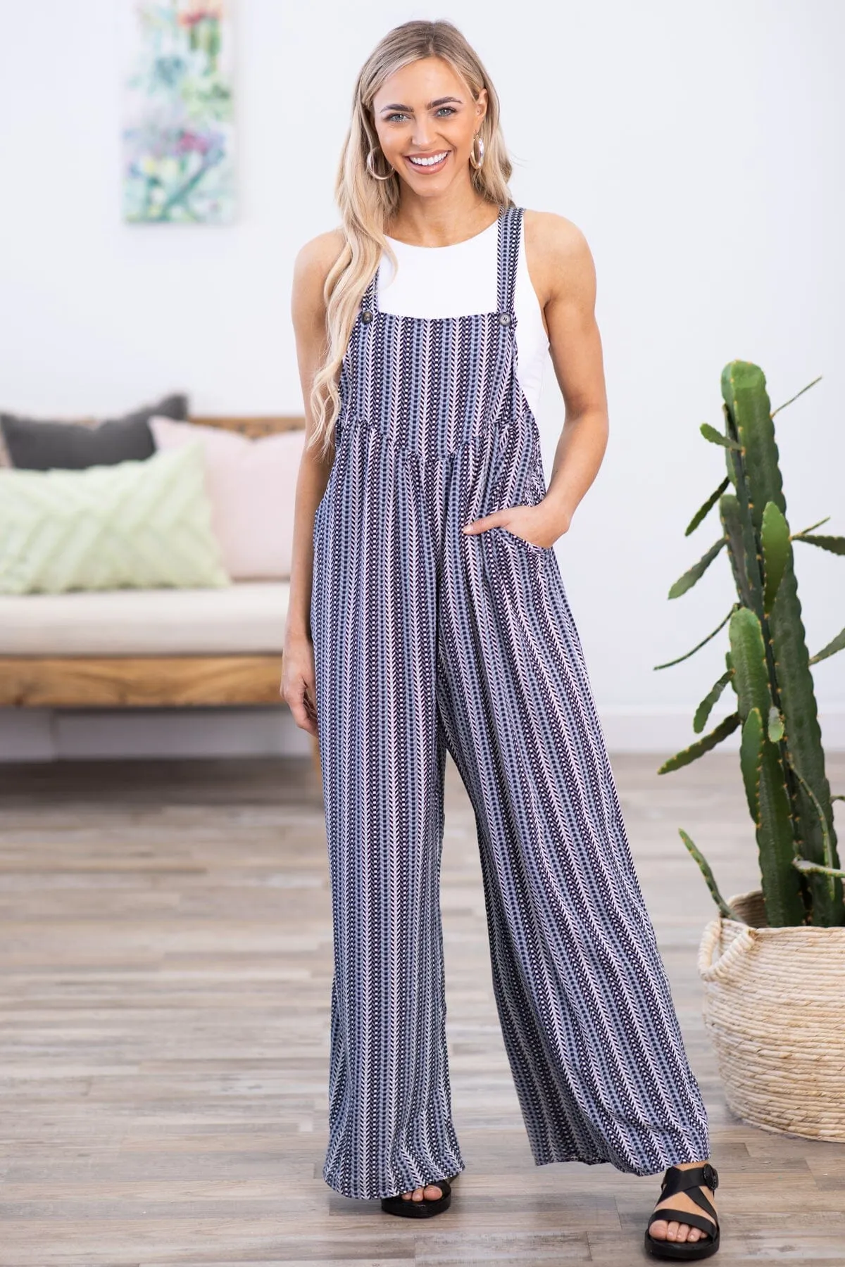 Black and Slate Blue Stripe Wide Leg Overalls