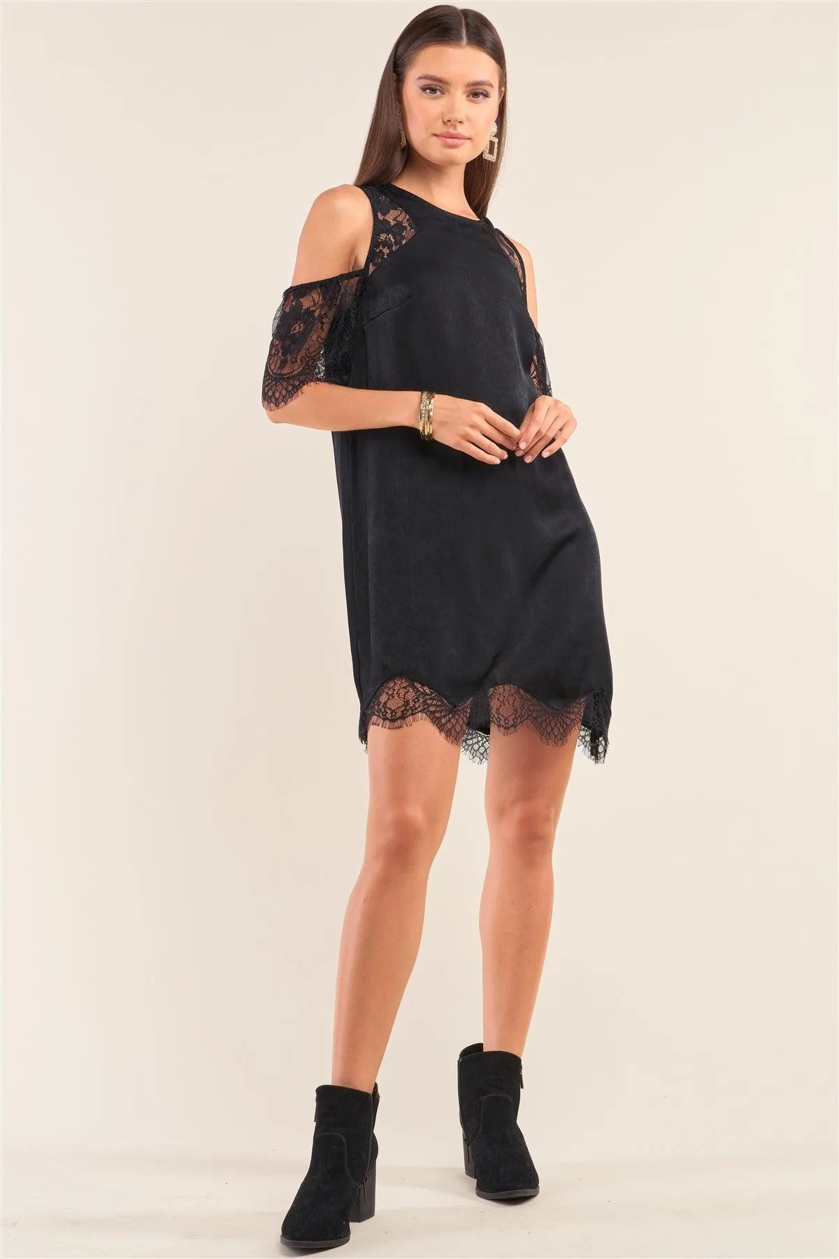 Black Cold Shoulder Lace Trim Back Button Up Mini Dress /2-1-2-1