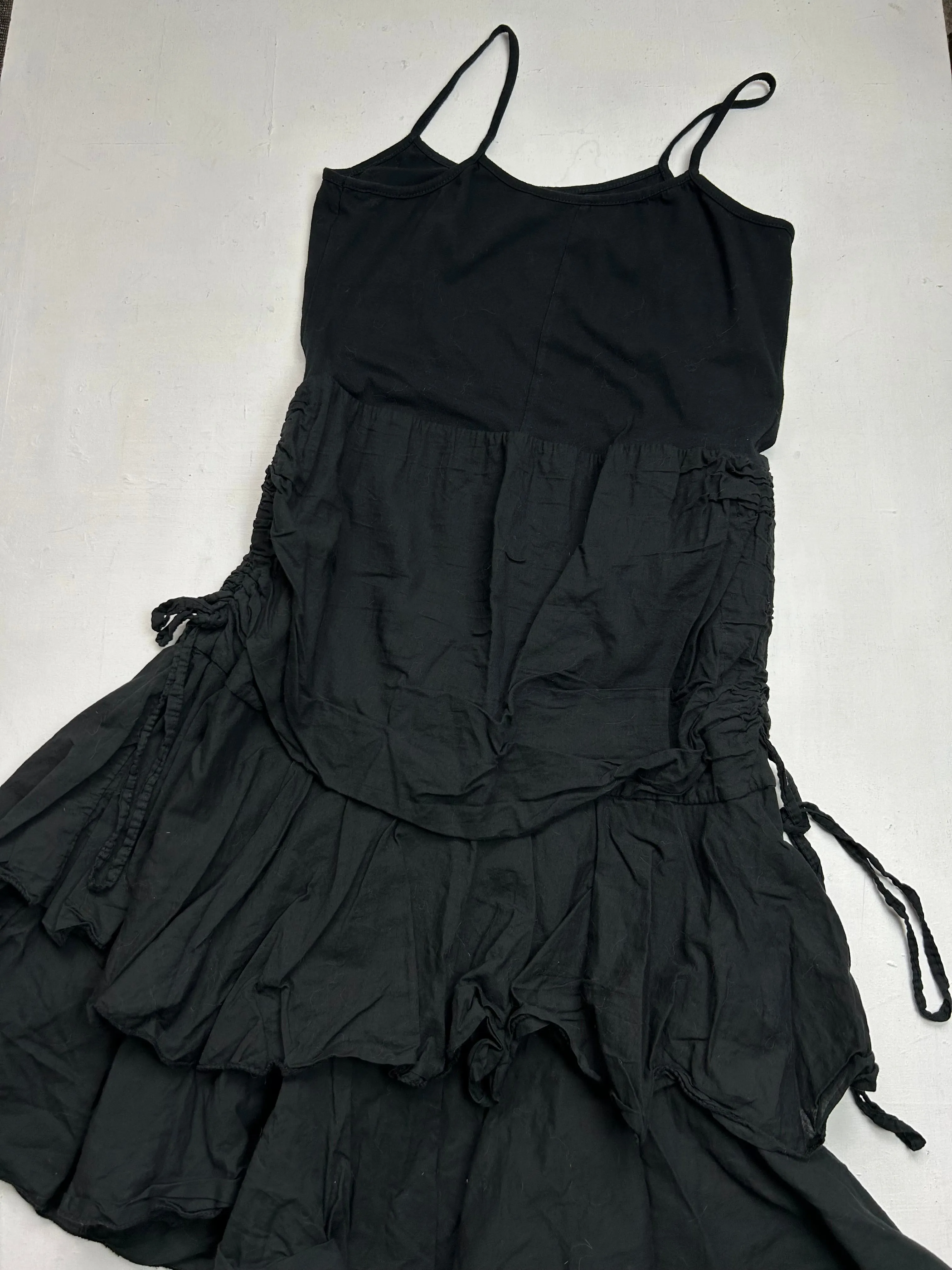 Black cotton ruched pleated mini dress (M)