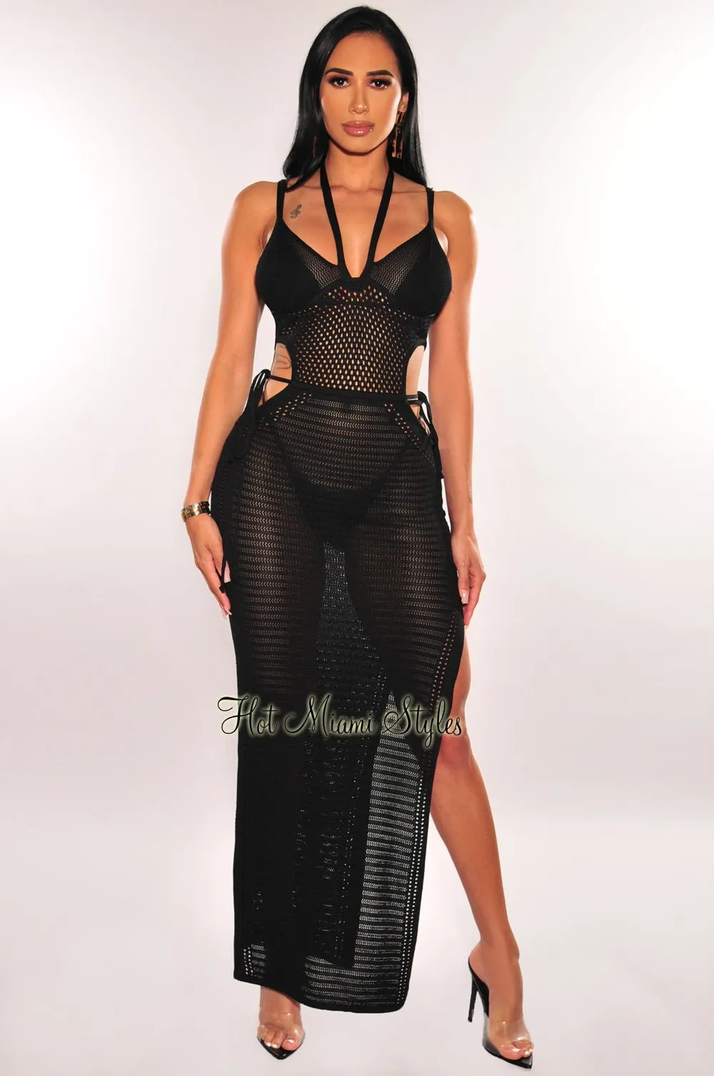 Black Crochet Halter Spaghetti Straps Cut Out Slit Cover Up Dress