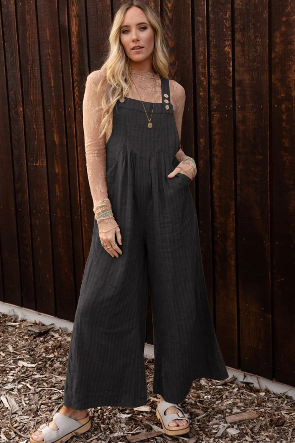 Black Striped Pleated Wide Leg Pocketed Jumpsuit