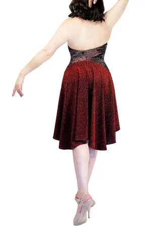 burgundy velvet & red shimmer halter tango dress with open back and tail