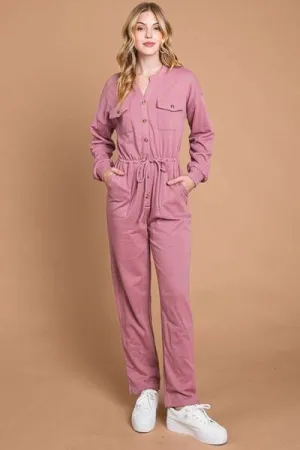 Button Up Drawstring Waist Straight Jumpsuit