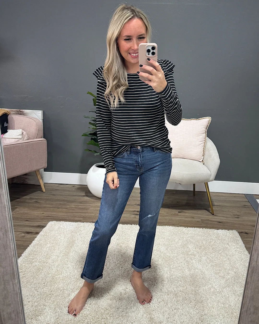 Can't Explain Striped Ruffle Shoulder Top - Black