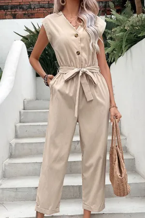 Capped Sleeve Belted V-Neck Jumpsuit