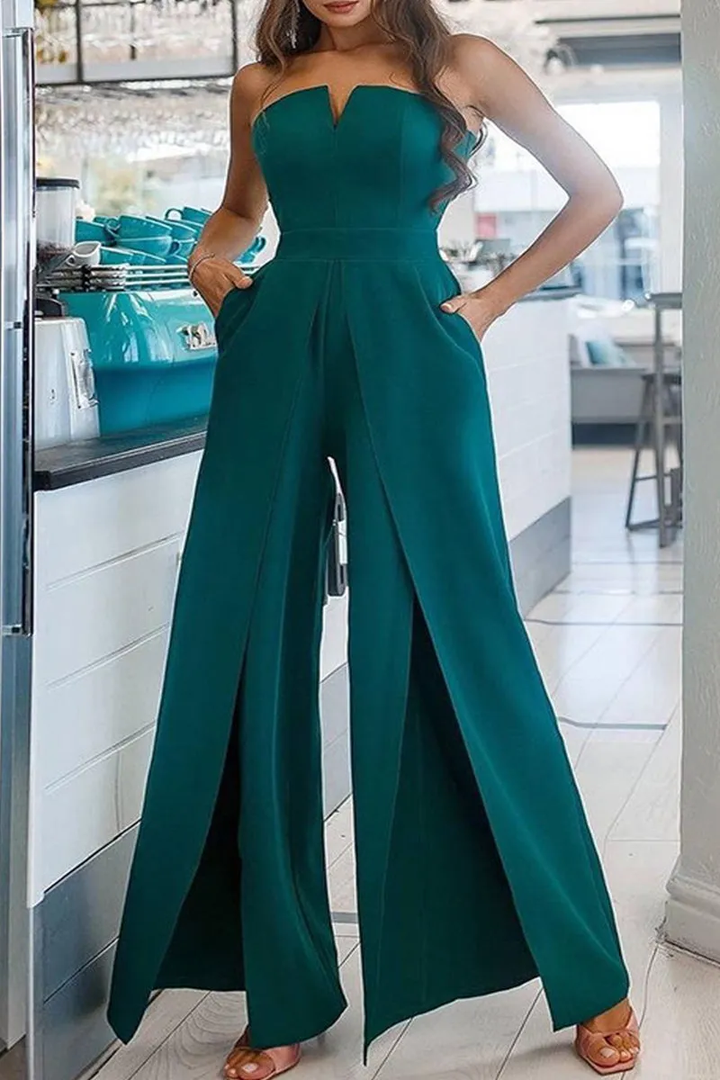 Casual Solid Pocket Slit Strapless Regular Jumpsuits