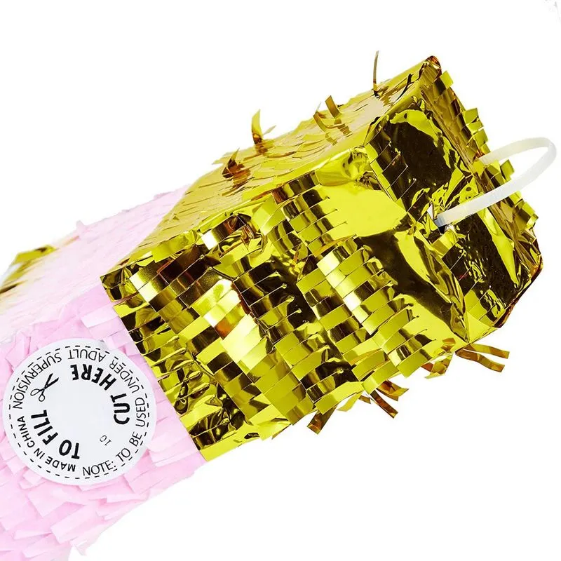 Champagne Bottle Party Pinata with Gold Foil (Pink, White, 16.5 x 7 x 3 Inches)