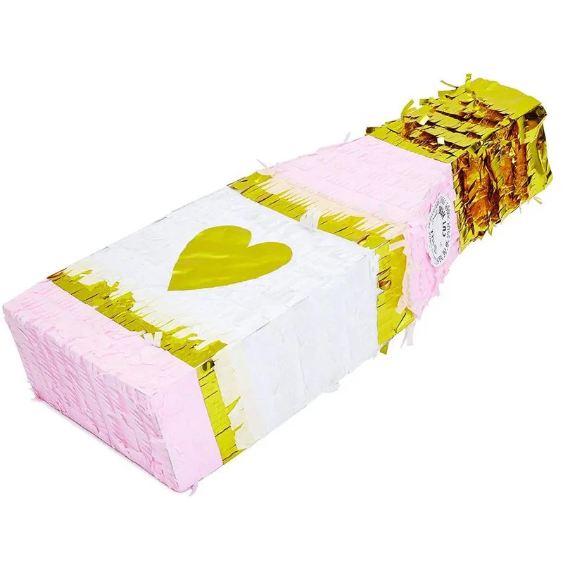 Champagne Bottle Party Pinata with Gold Foil (Pink, White, 16.5 x 7 x 3 Inches)