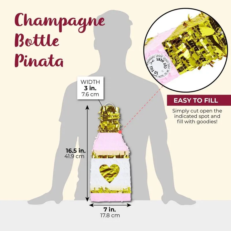 Champagne Bottle Party Pinata with Gold Foil (Pink, White, 16.5 x 7 x 3 Inches)