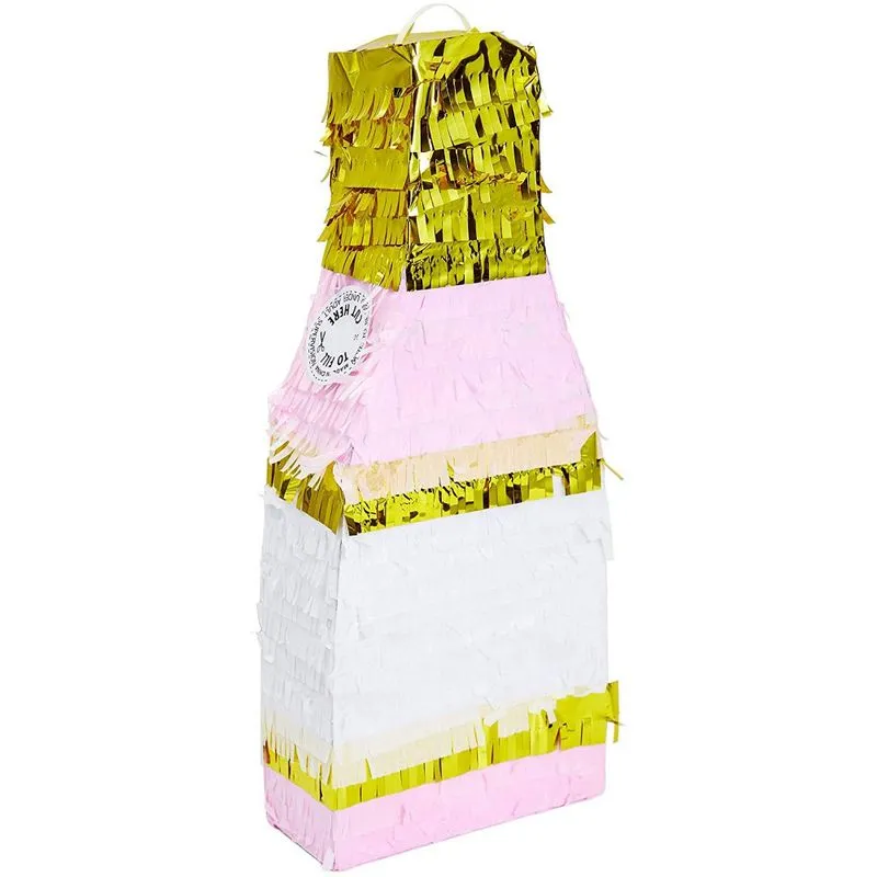 Champagne Bottle Party Pinata with Gold Foil (Pink, White, 16.5 x 7 x 3 Inches)