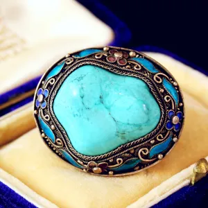 Chinese Export Natural Turquoise & Enamel Brooch