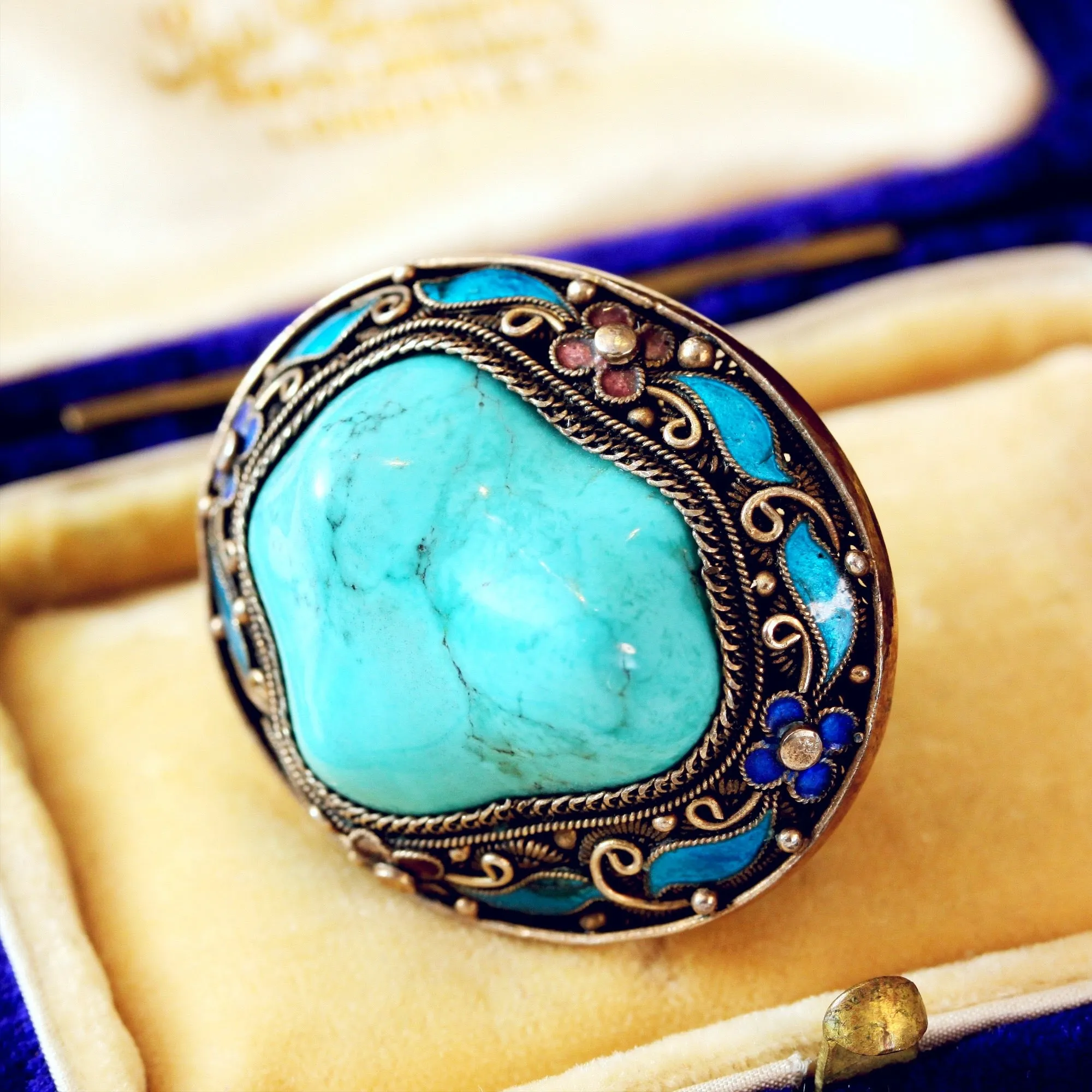 Chinese Export Natural Turquoise & Enamel Brooch