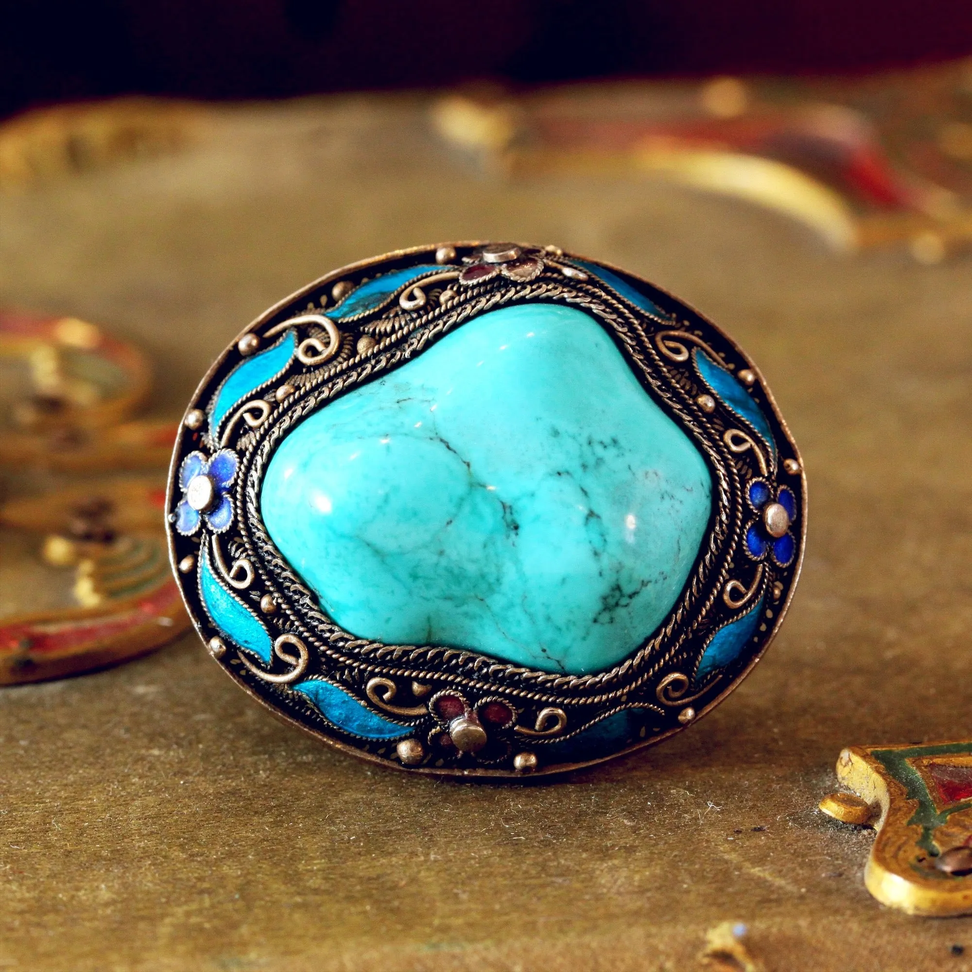 Chinese Export Natural Turquoise & Enamel Brooch