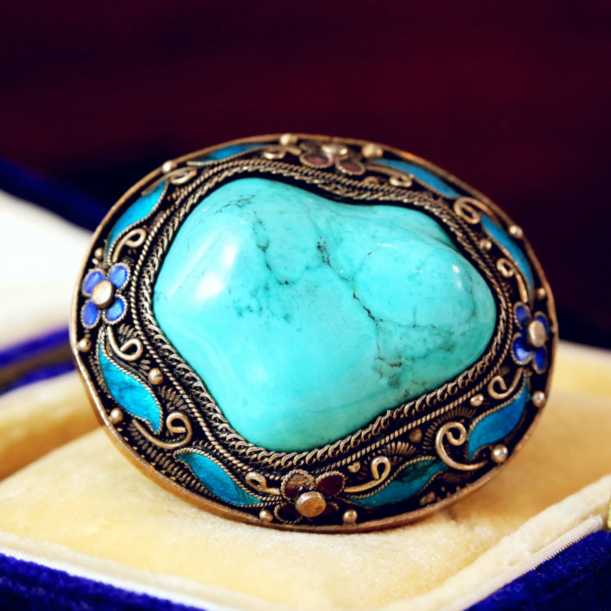 Chinese Export Natural Turquoise & Enamel Brooch