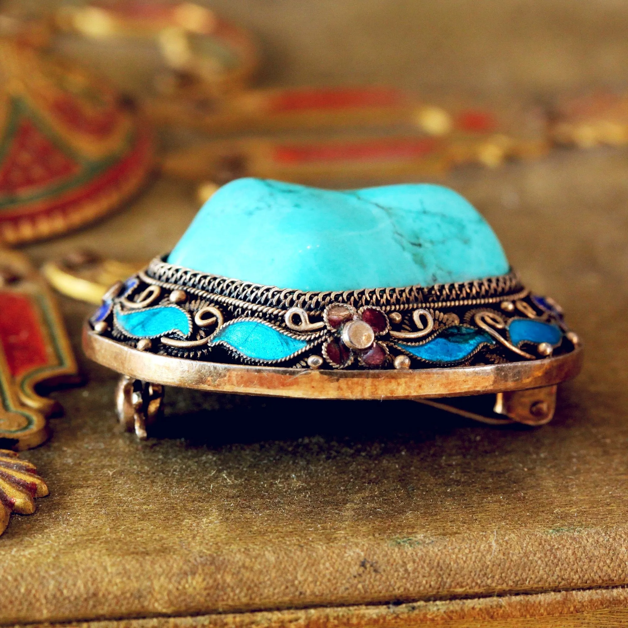 Chinese Export Natural Turquoise & Enamel Brooch