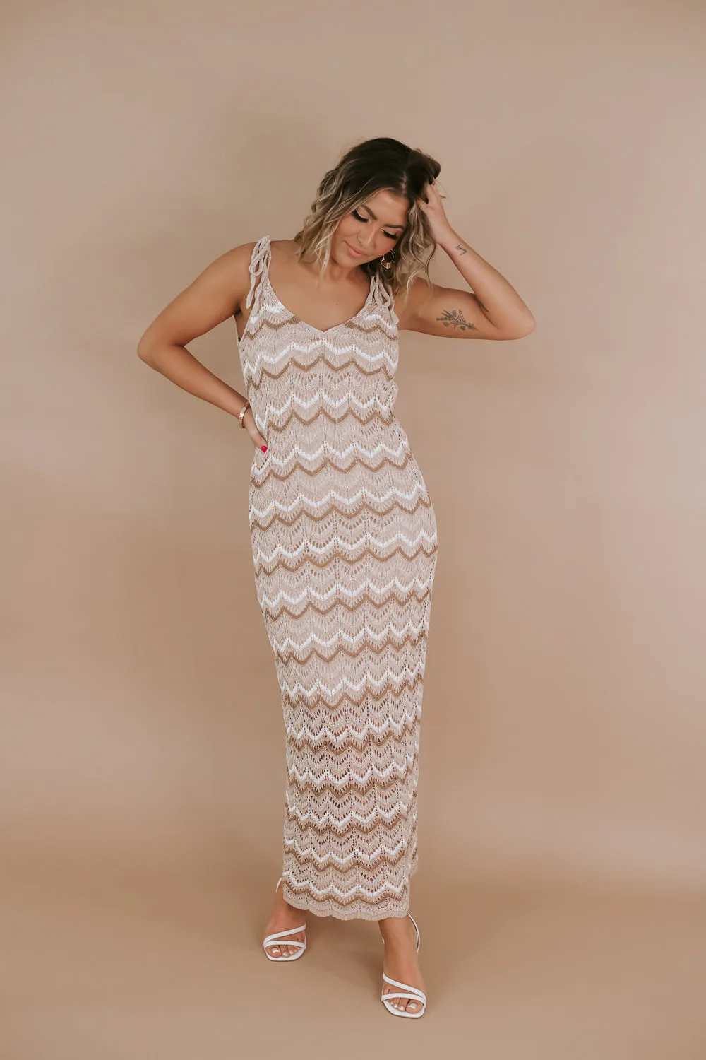 Crochet Chevron Maxi Dress, Taupe