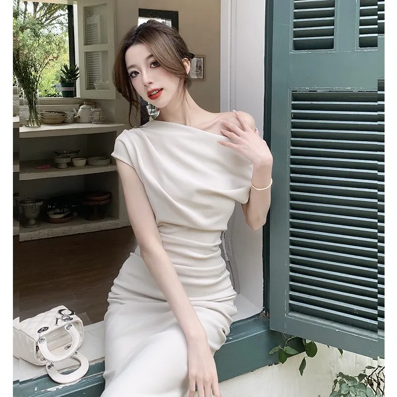 deanwangkt French Temperament Celebrity Wind Sexy Strapless Oblique Collar Dress Female Spring and Summer Slim Open Package Hip Long Dress